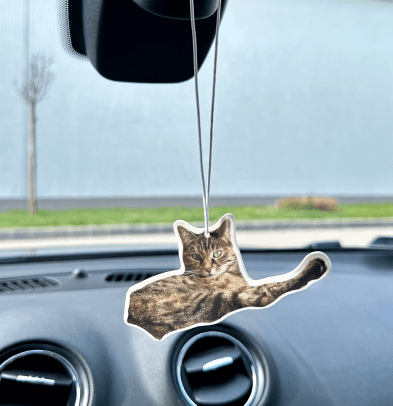 Personalized car air freshener featuring a cute pet photo – a print-on-demand product for pet shop owners